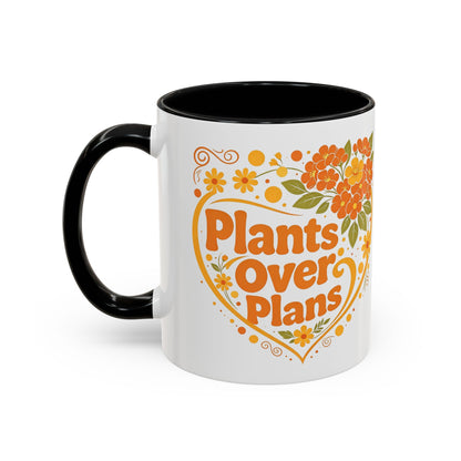 Plants Over Plans Accent Coffee Mug — Retro Floral Heart Plant Lover Gift (11oz)