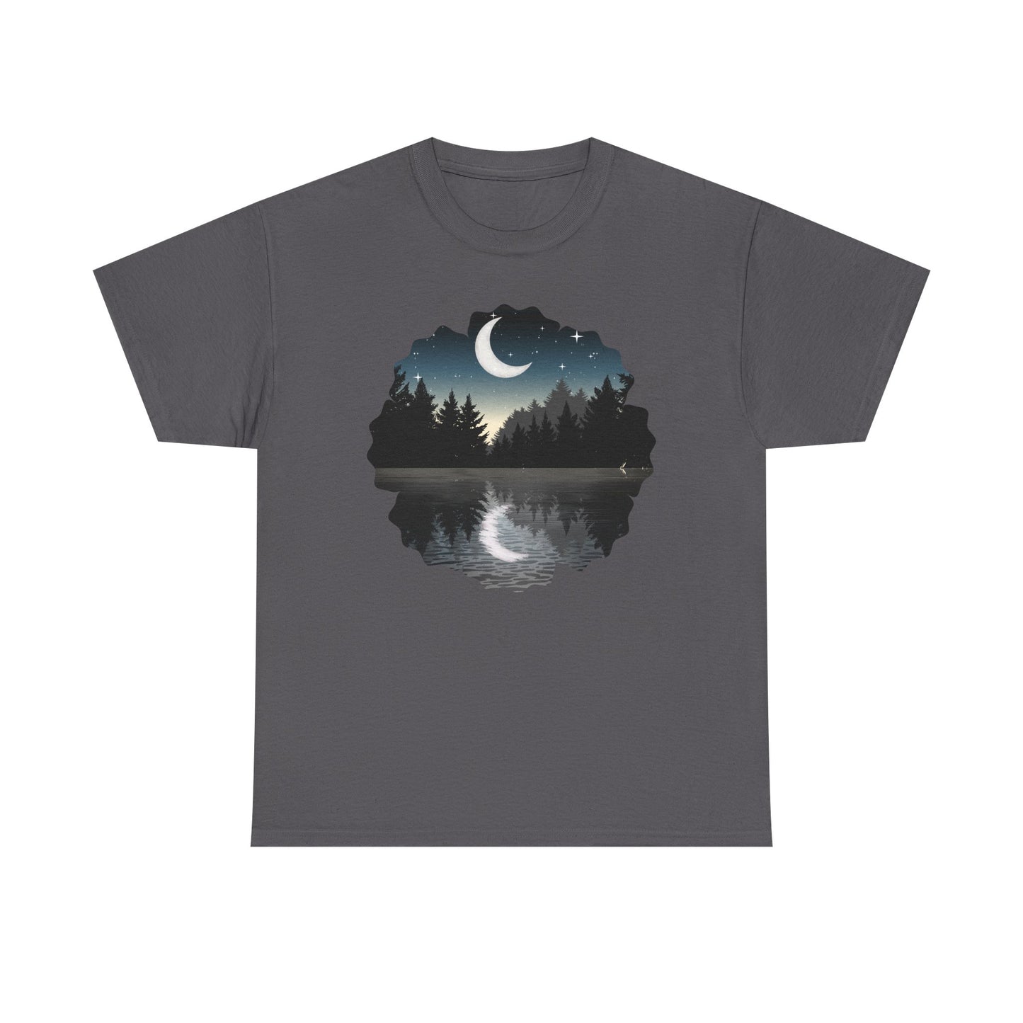 Moonlit Lake T-Shirt — Crescent Moon Forest Reflection Tee