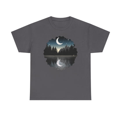 Moonlit Lake T-Shirt — Crescent Moon Forest Reflection Tee
