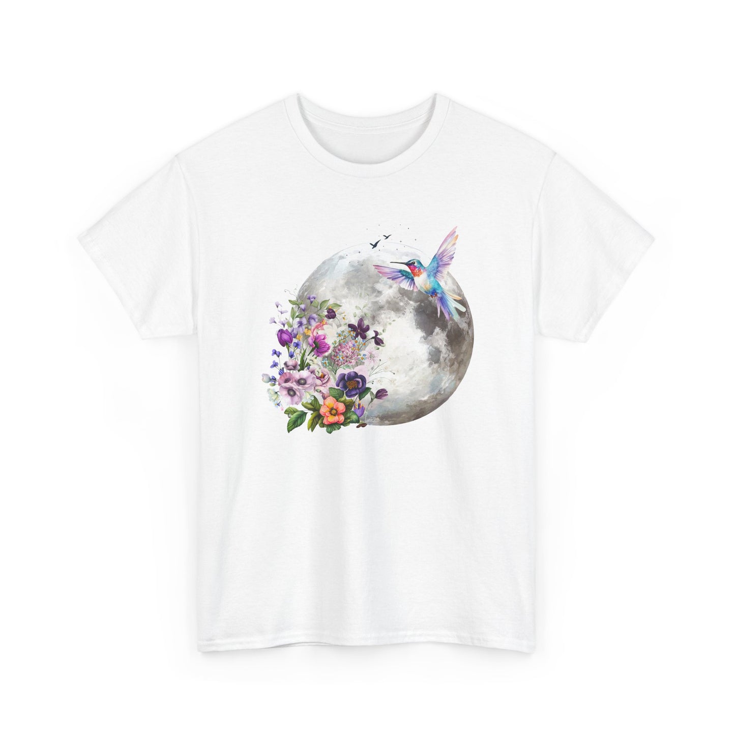 Moon & Hummingbird Floral T-Shirt — Watercolour Moon with Flowers
