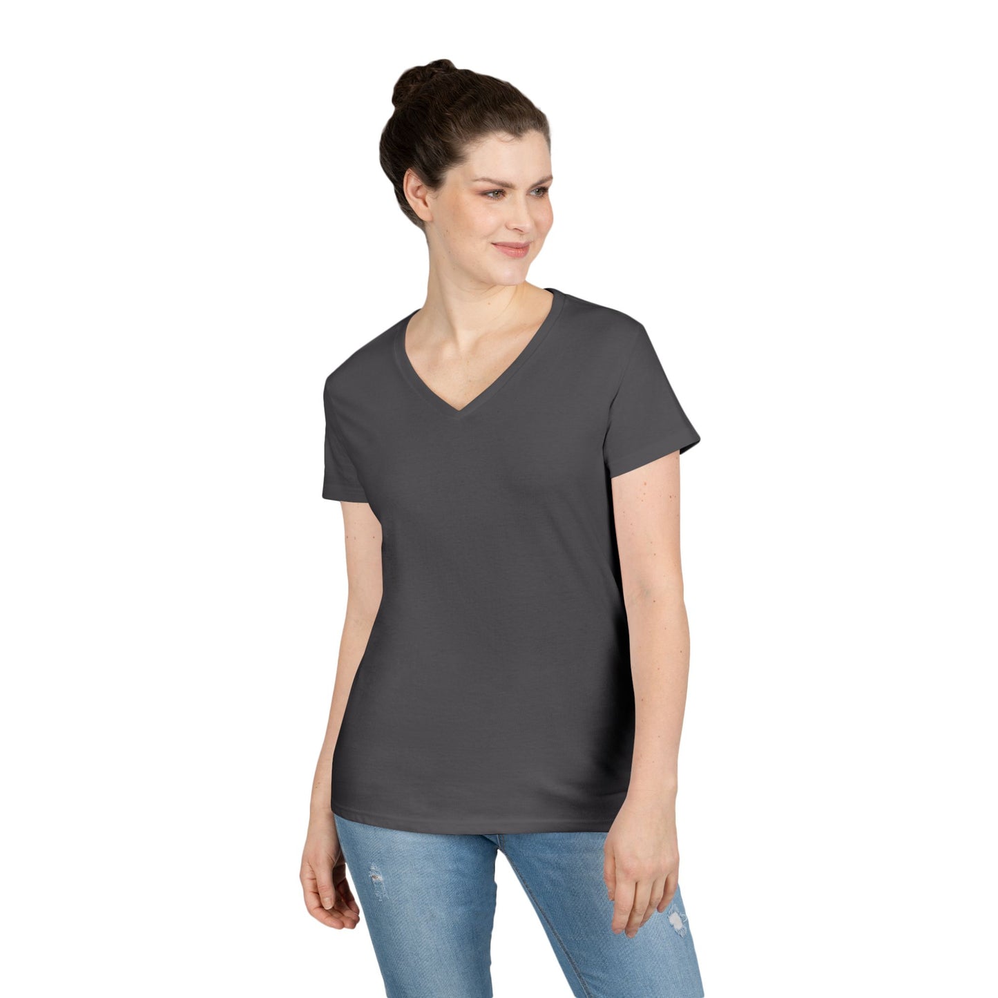 Ladies' V-Neck T-Shirt — Moonlit Lake Forest Graphic Tee