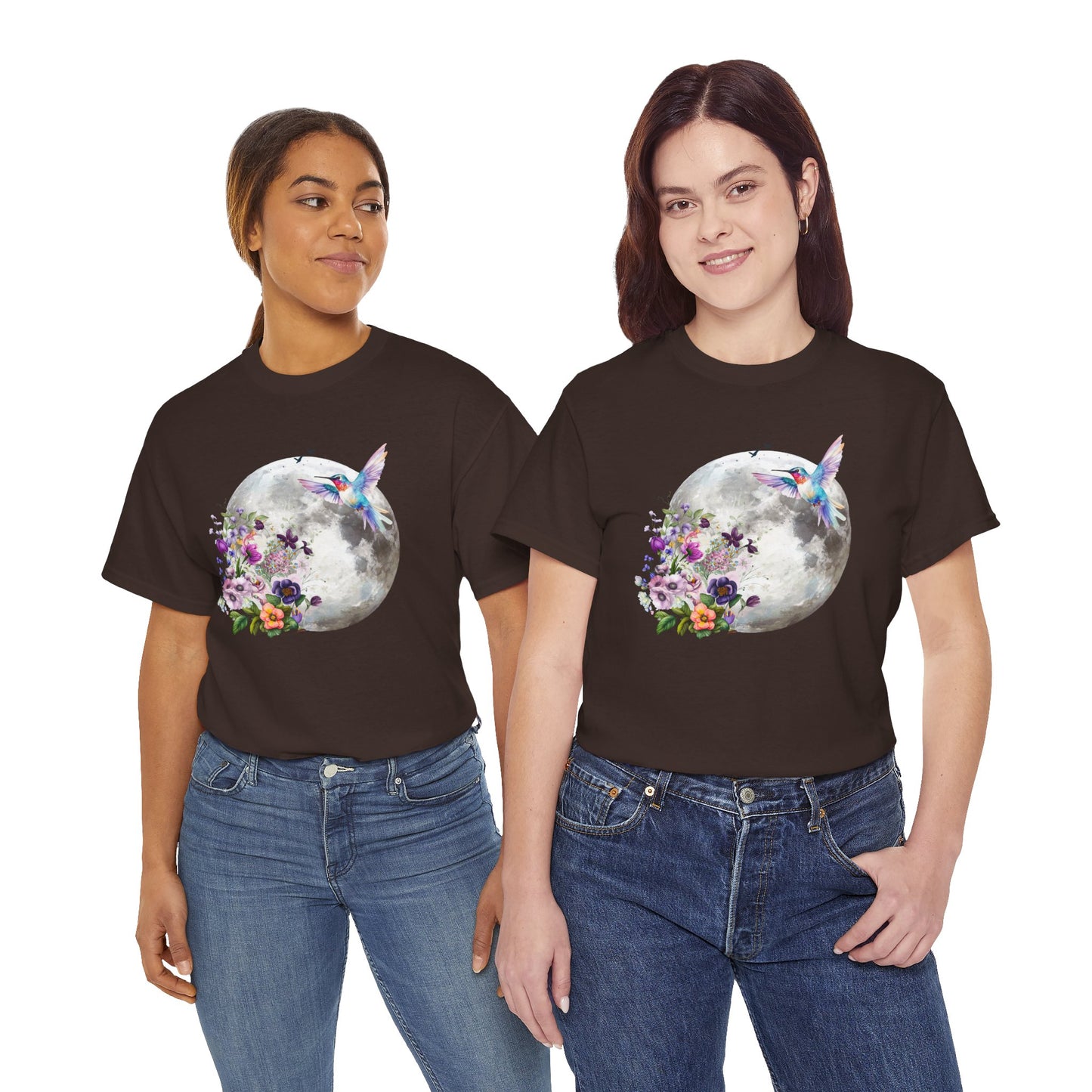 Moon & Hummingbird Floral T-Shirt — Watercolour Moon with Flowers