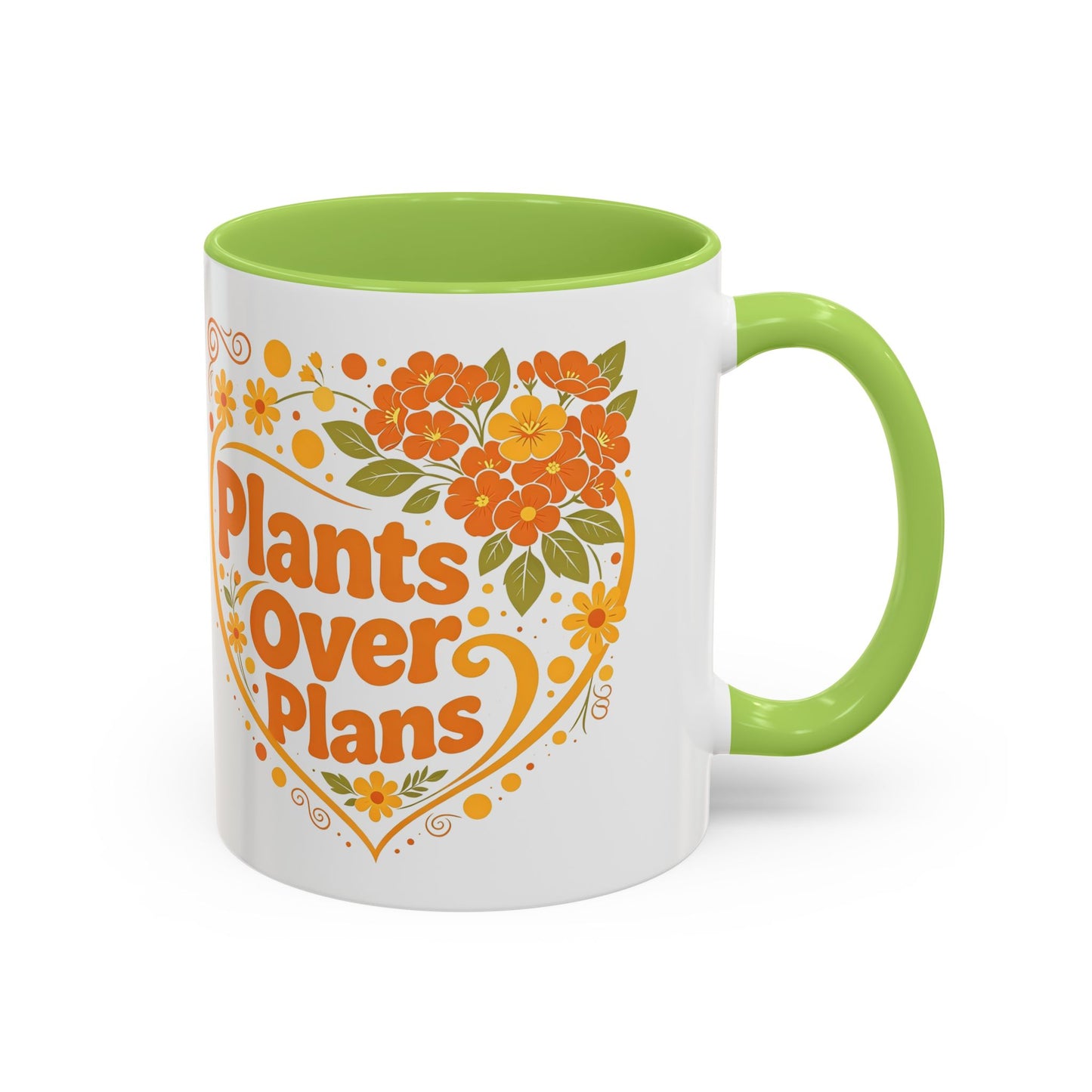 Plants Over Plans Accent Coffee Mug — Retro Floral Heart Plant Lover Gift (11oz)