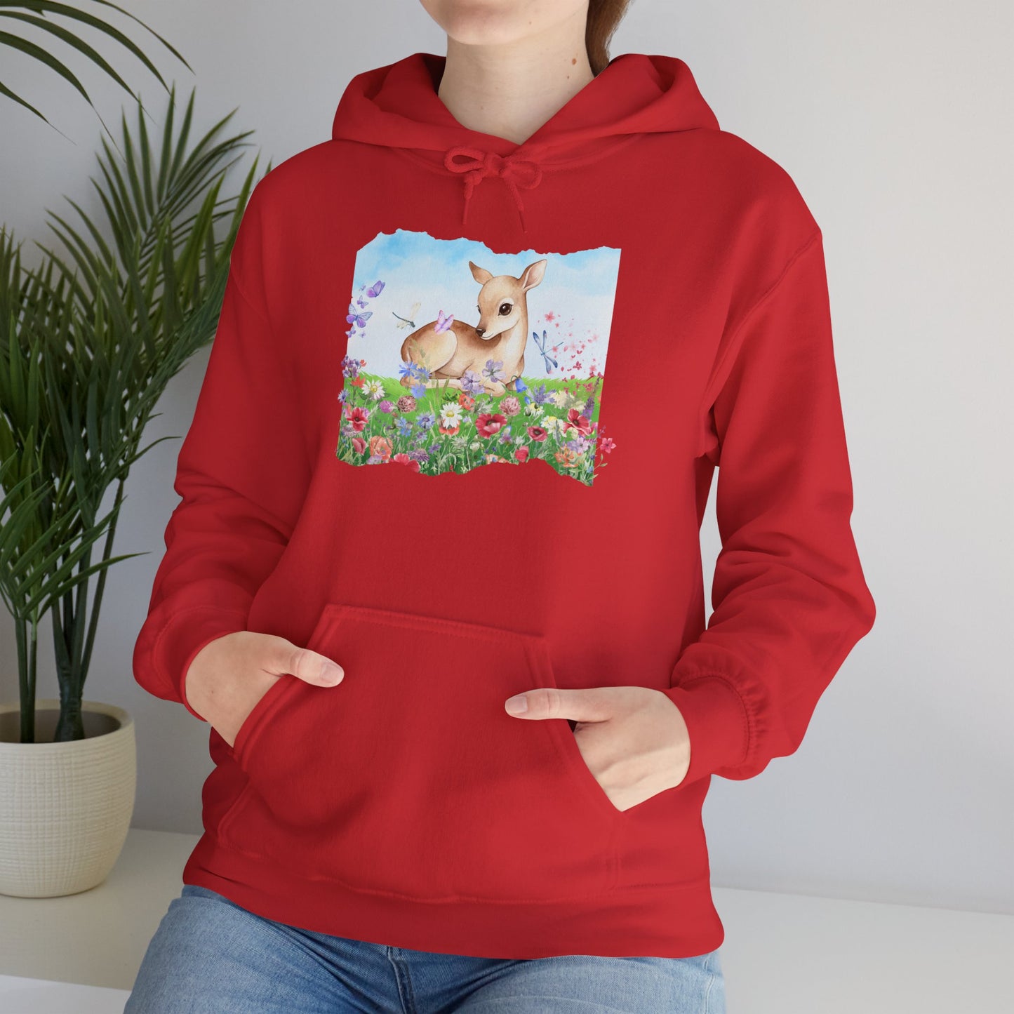 Doe in Wildflower Meadow Hoodie — Cute Fawn Animal Graphic Sweatshirt