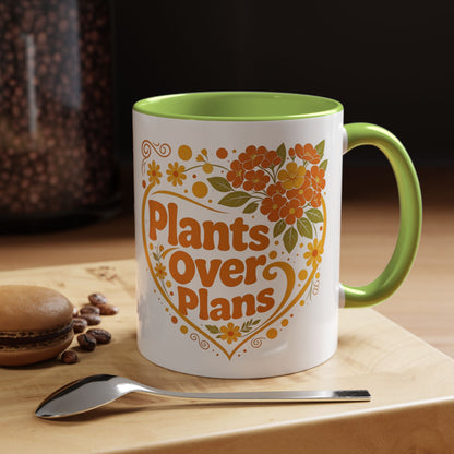 Plants Over Plans Accent Coffee Mug — Retro Floral Heart Plant Lover Gift (11oz)
