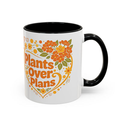 Plants Over Plans Accent Coffee Mug — Retro Floral Heart Plant Lover Gift (11oz)