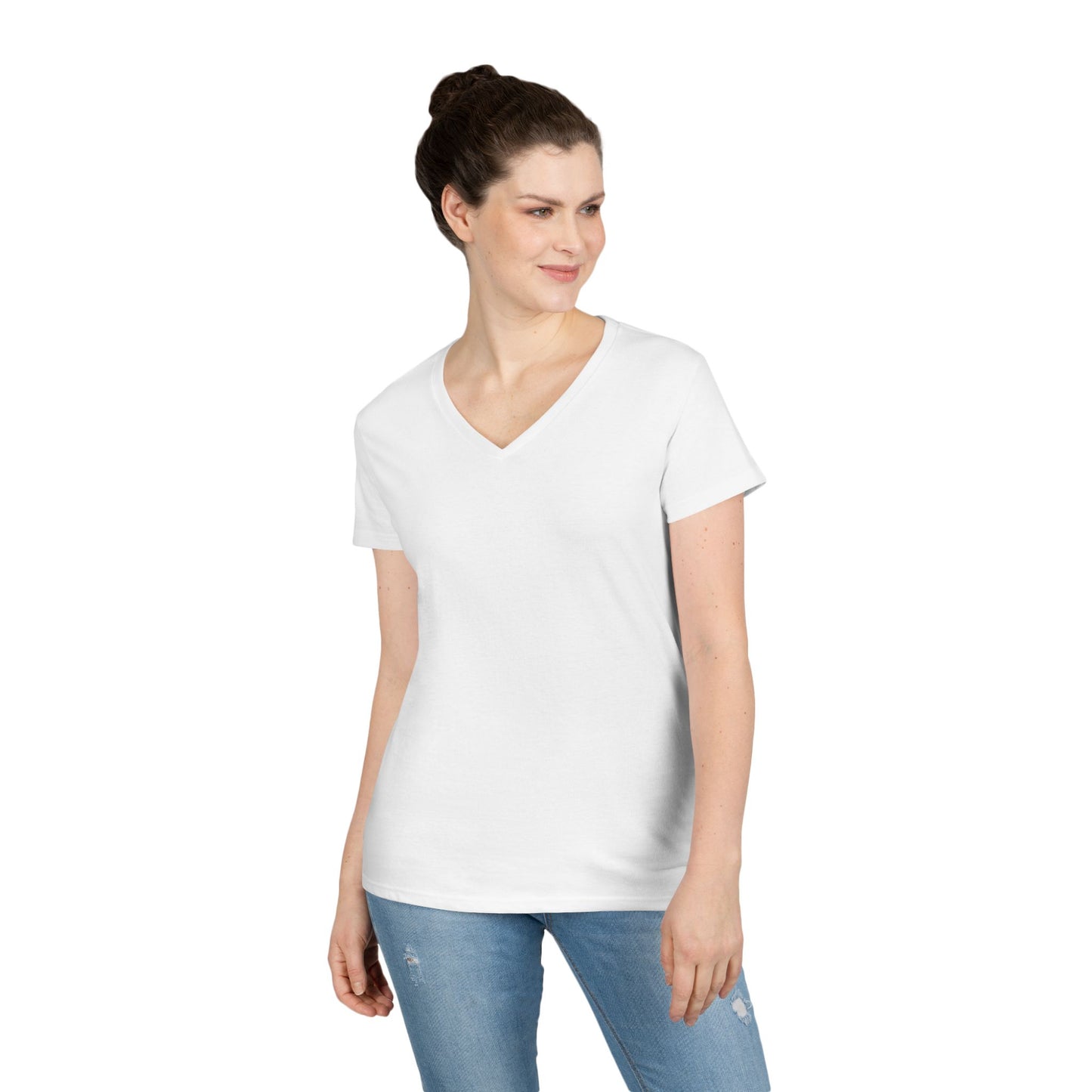 Ladies' V-Neck T-Shirt — Moonlit Lake Forest Graphic Tee