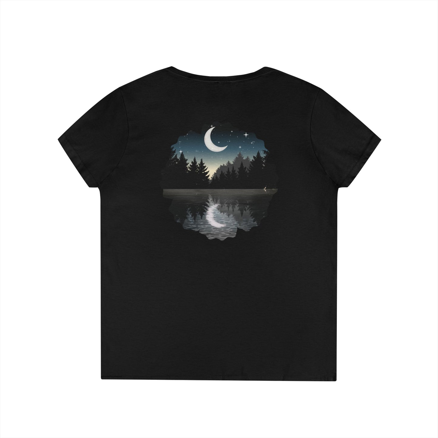 Ladies' V-Neck T-Shirt — Moonlit Lake Forest Graphic Tee