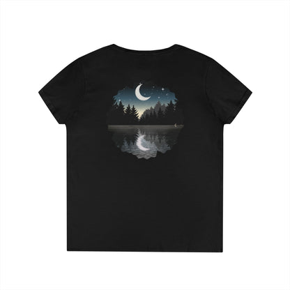 Ladies' V-Neck T-Shirt — Moonlit Lake Forest Graphic Tee