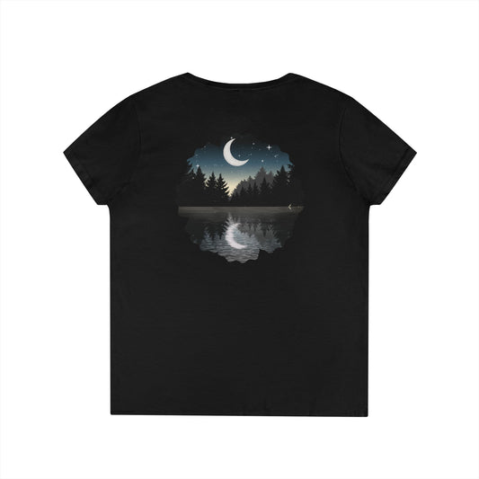 Ladies' V-Neck T-Shirt — Moonlit Lake Forest Graphic Tee