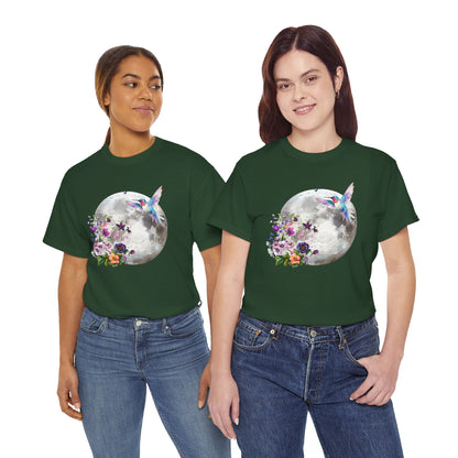 Moon & Hummingbird Floral T-Shirt — Watercolour Moon with Flowers