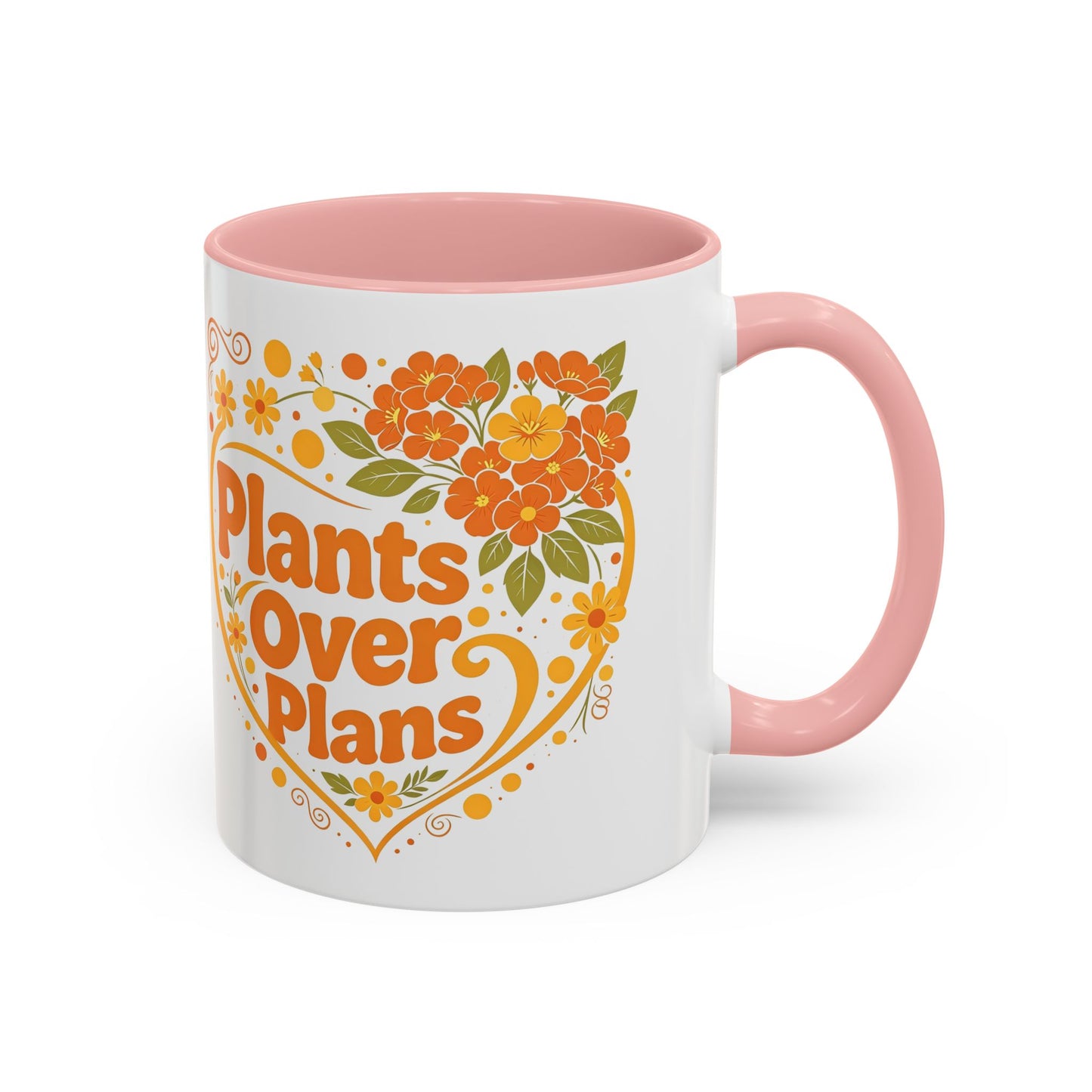 Plants Over Plans Accent Coffee Mug — Retro Floral Heart Plant Lover Gift (11oz)