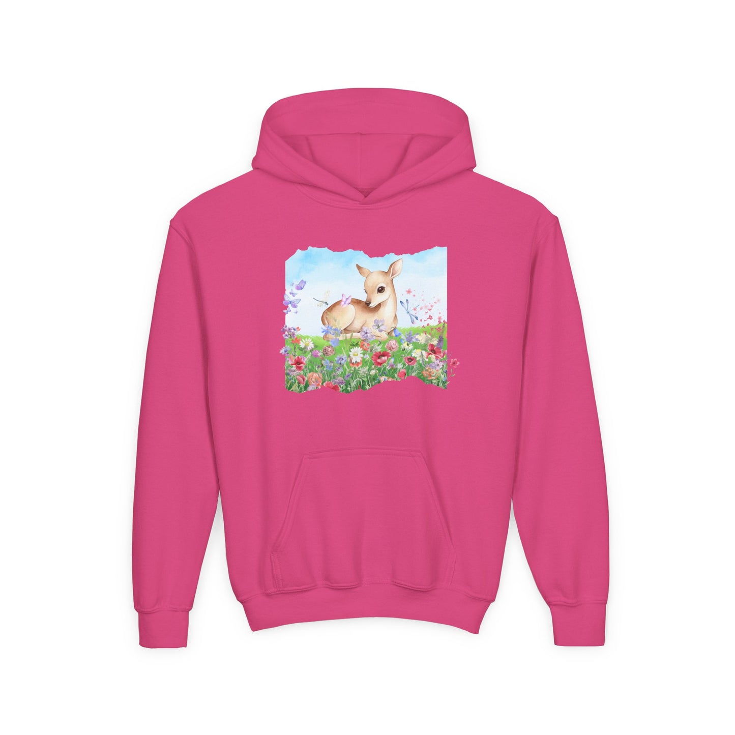 Youth Hoodie — Watercolour Fawn in Wildflower Meadow