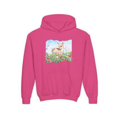 Youth Hoodie — Watercolour Fawn in Wildflower Meadow