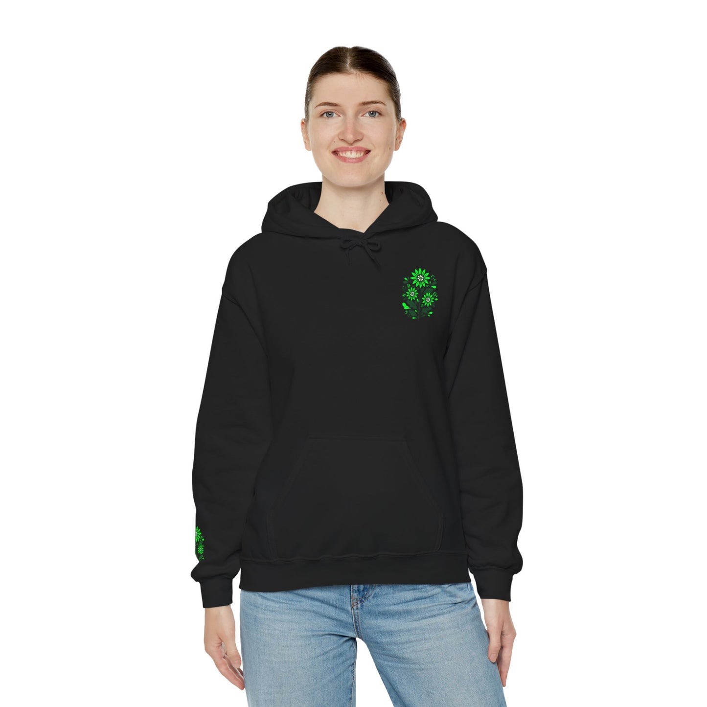Hoodie — Green Floral Skull Chest & Sleeve Graphic