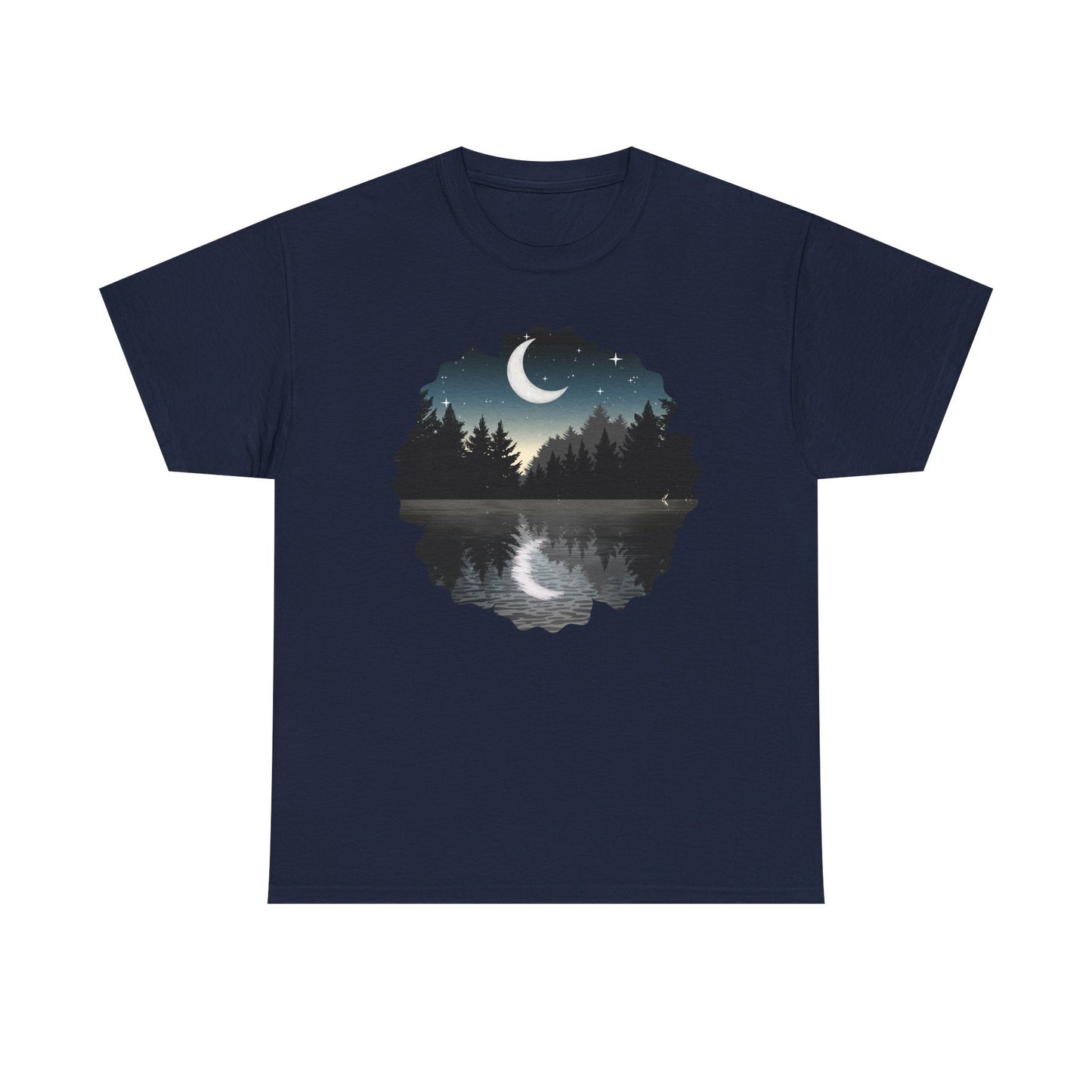 Moonlit Lake T-Shirt — Crescent Moon Forest Reflection Tee