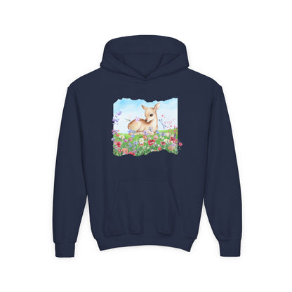 Youth Hoodie — Watercolour Fawn in Wildflower Meadow