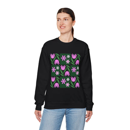 Floral Tile Crewneck Sweatshirt — Pink Tulip Grid Design