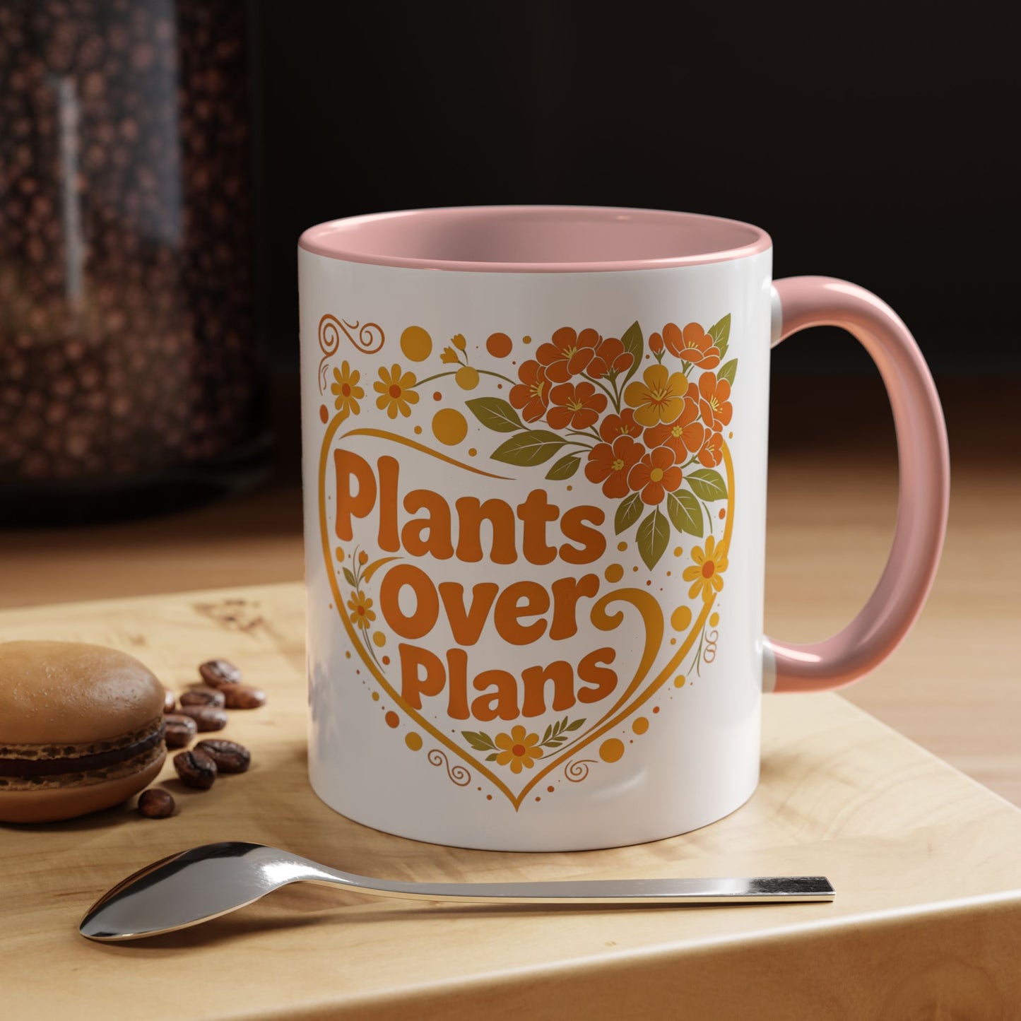 Plants Over Plans Accent Coffee Mug — Retro Floral Heart Plant Lover Gift (11oz)