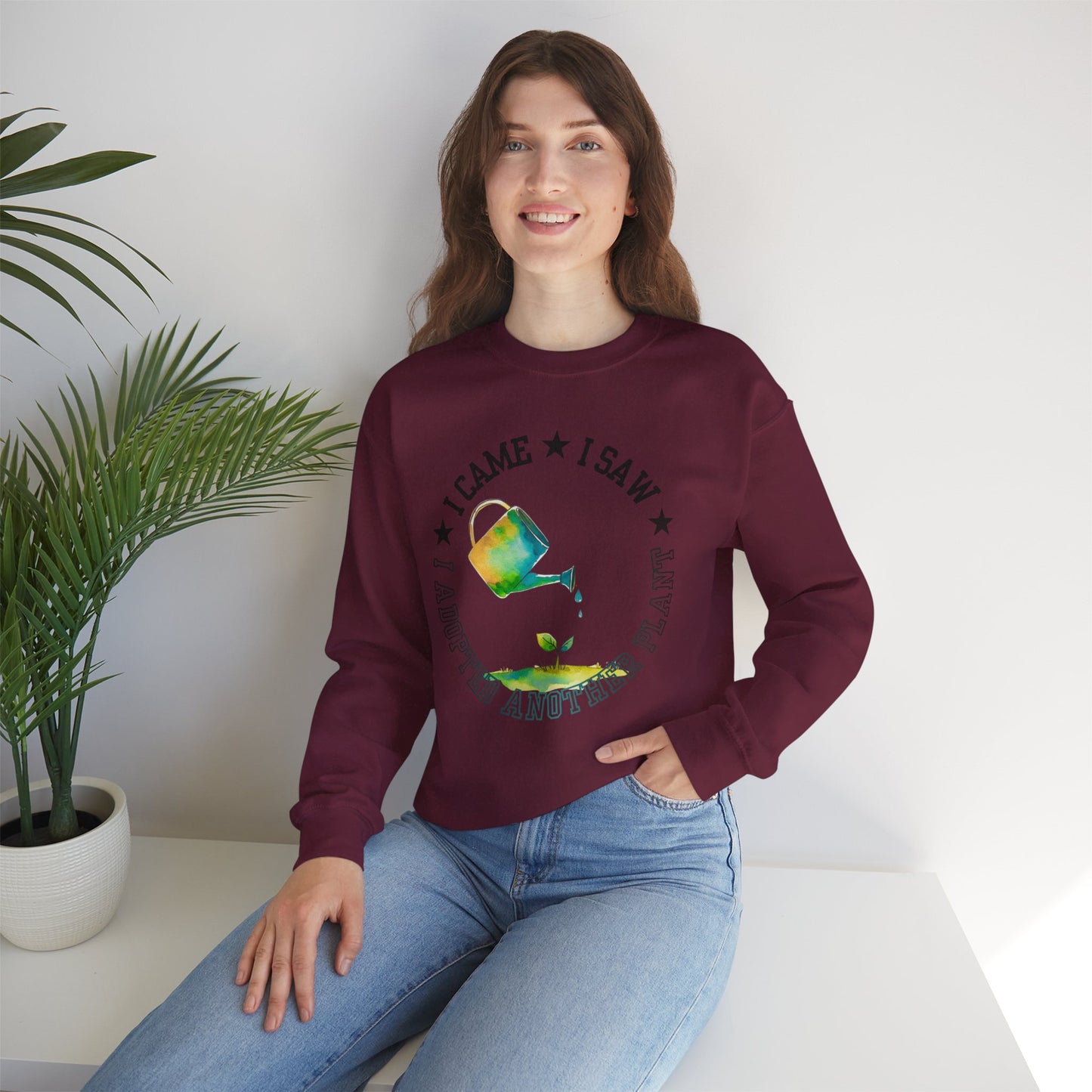 Gardener Sweatshirt — "I Came, I Saw, I Adopted Another Plant" Watercolour Watering Can Crewneck