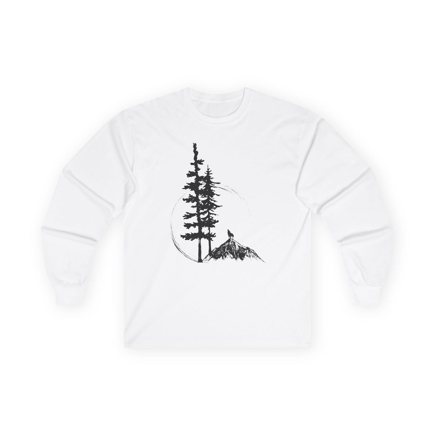 White sweatshirt with a black tree and mountain graphic on a white background