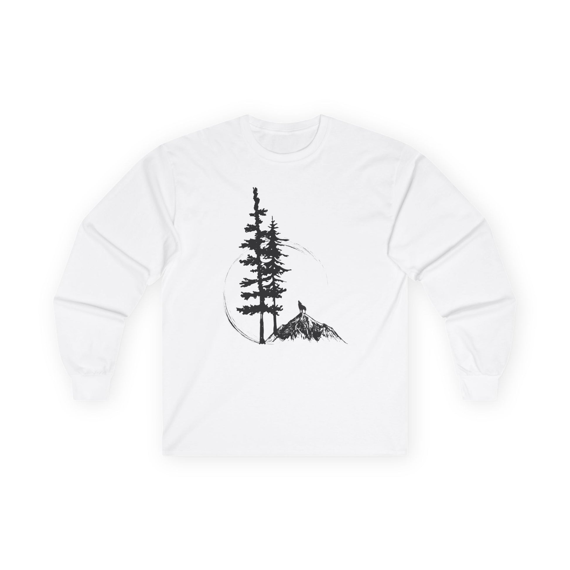 White sweatshirt with a black tree and mountain graphic on a white background