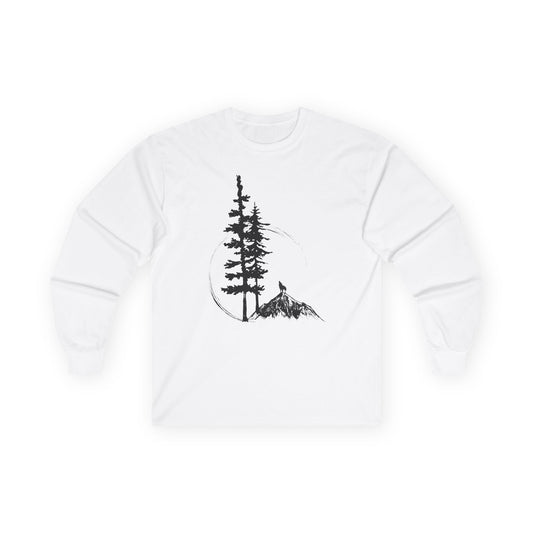 White sweatshirt with a black tree and mountain graphic on a white background