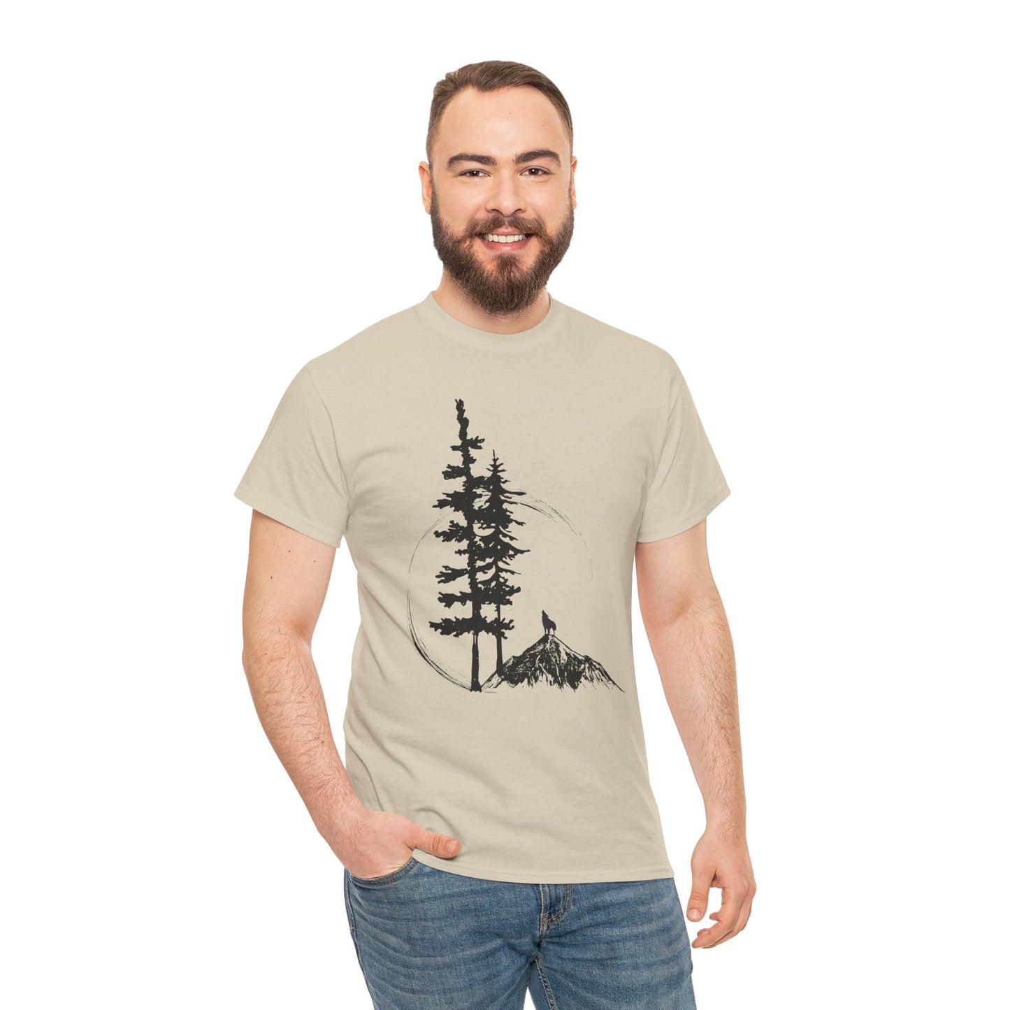 Nature Sketch T-Shirt — Pine Tree & Mountain Minimalist Tee