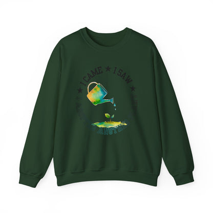 Gardener Sweatshirt — "I Came, I Saw, I Adopted Another Plant" Watercolour Watering Can Crewneck