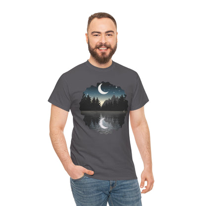 Moonlit Lake T-Shirt — Crescent Moon Forest Reflection Tee