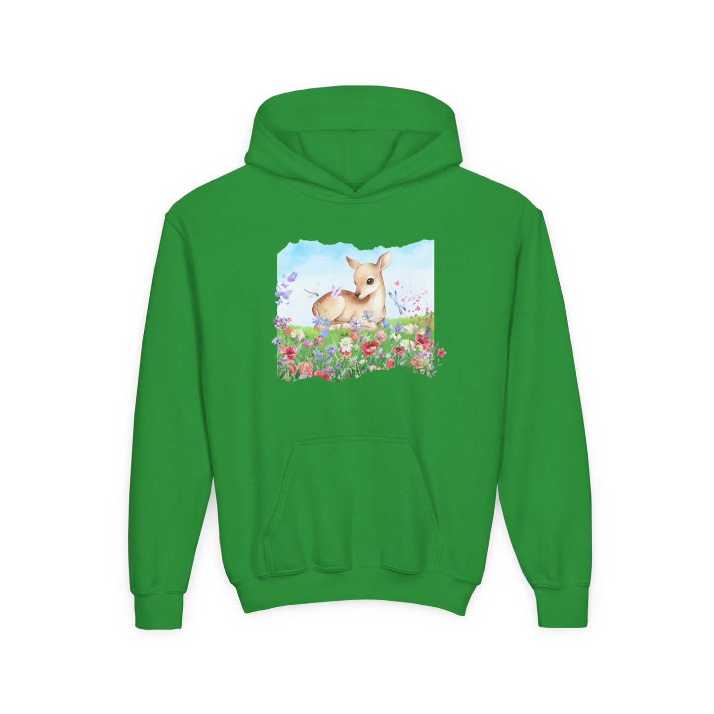 Youth Hoodie — Watercolour Fawn in Wildflower Meadow