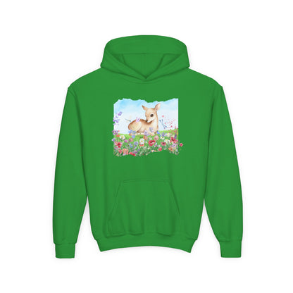 Youth Hoodie — Watercolour Fawn in Wildflower Meadow