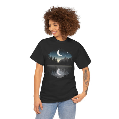 Moonlit Lake T-Shirt — Crescent Moon Forest Reflection Tee