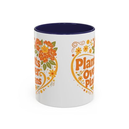 Plants Over Plans Accent Coffee Mug — Retro Floral Heart Plant Lover Gift (11oz)