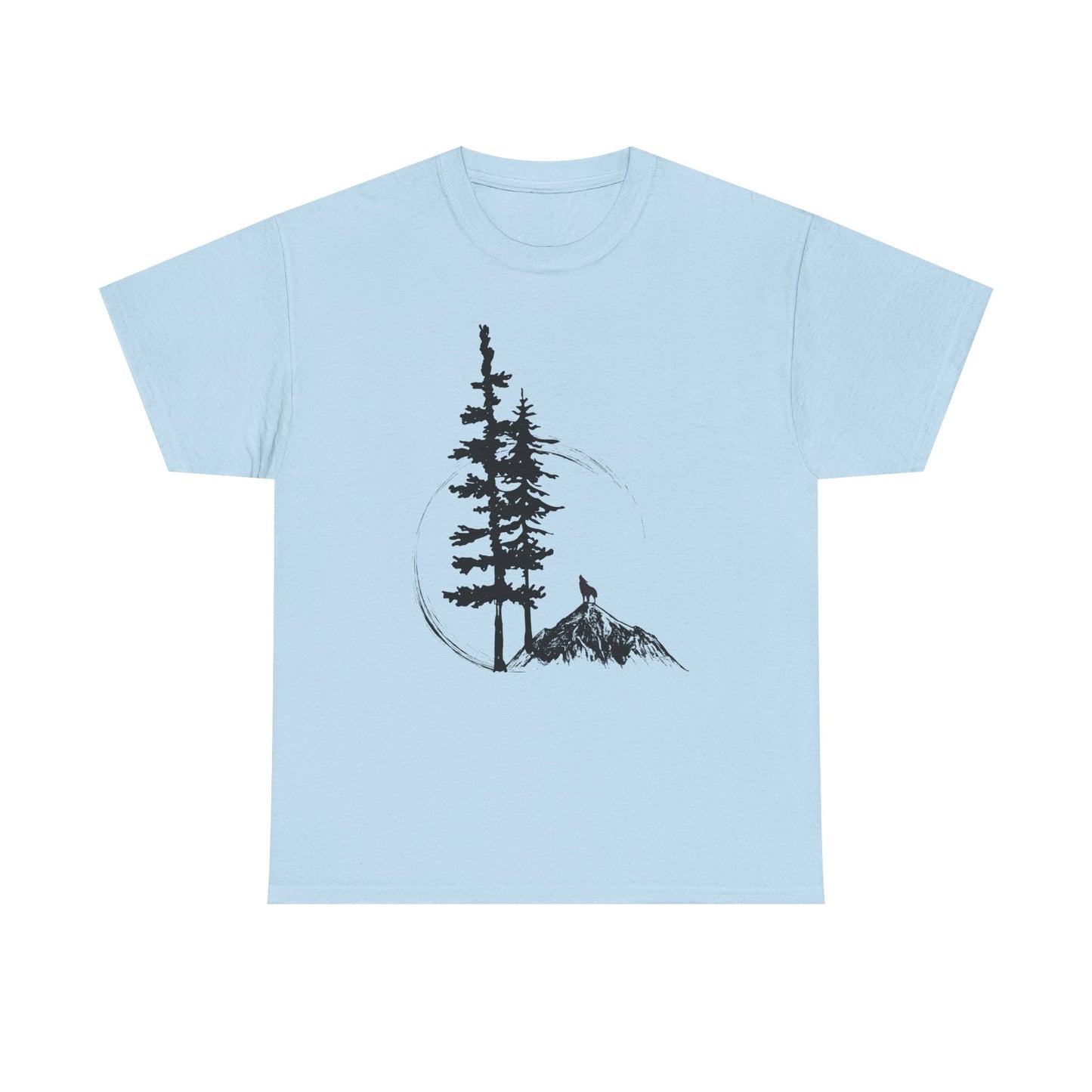 Light blue t-shirt with a black tree and mountain graphic on a white background