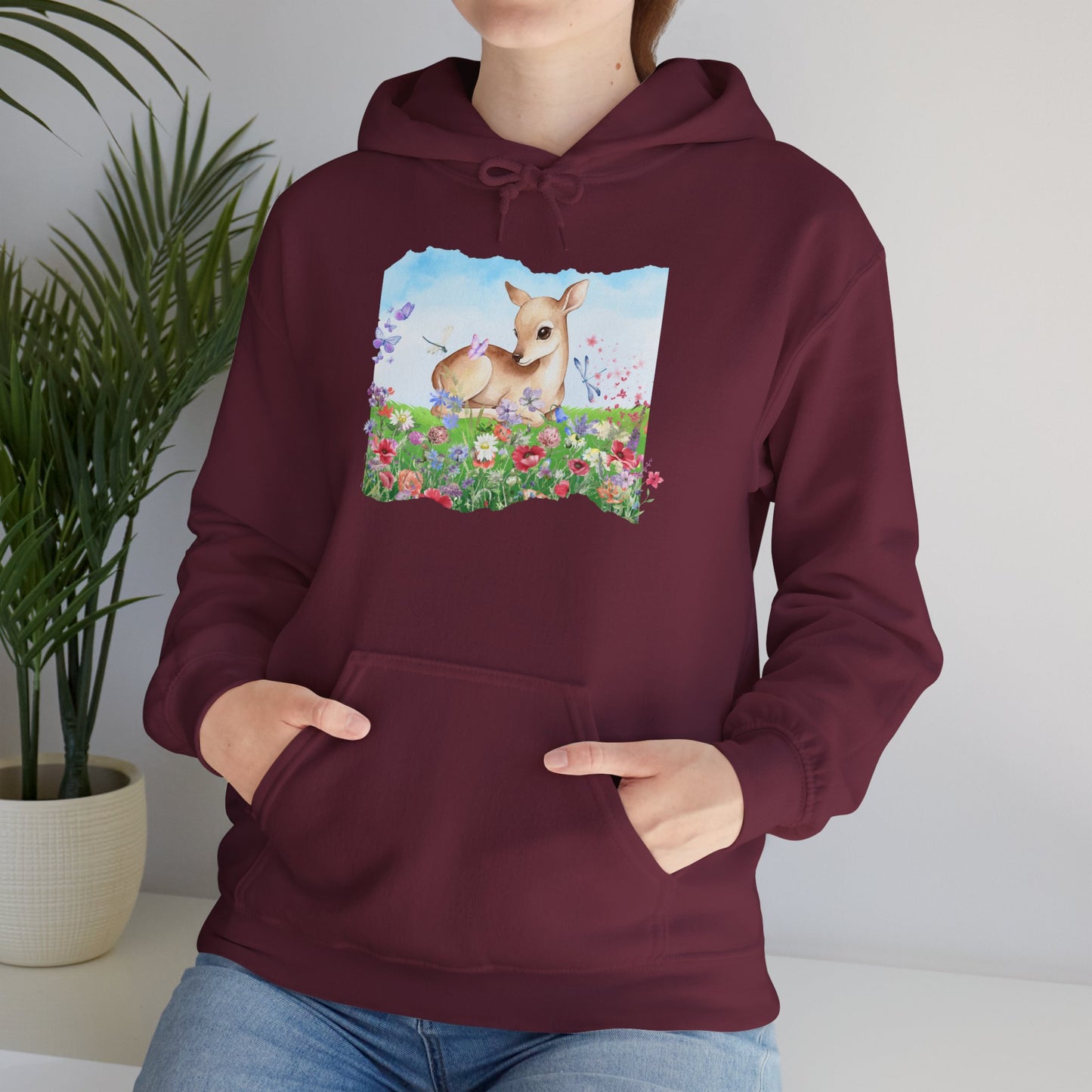 Doe in Wildflower Meadow Hoodie — Cute Fawn Animal Graphic Sweatshirt