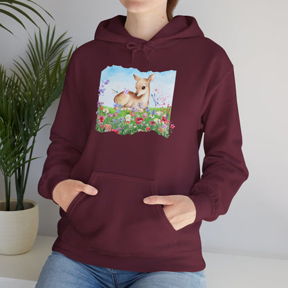 Doe in Wildflower Meadow Hoodie — Cute Fawn Animal Graphic Sweatshirt