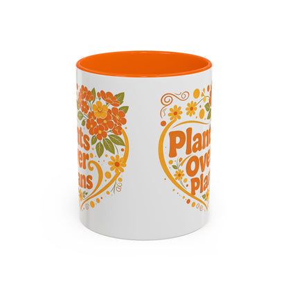 Plants Over Plans Accent Coffee Mug — Retro Floral Heart Plant Lover Gift (11oz)