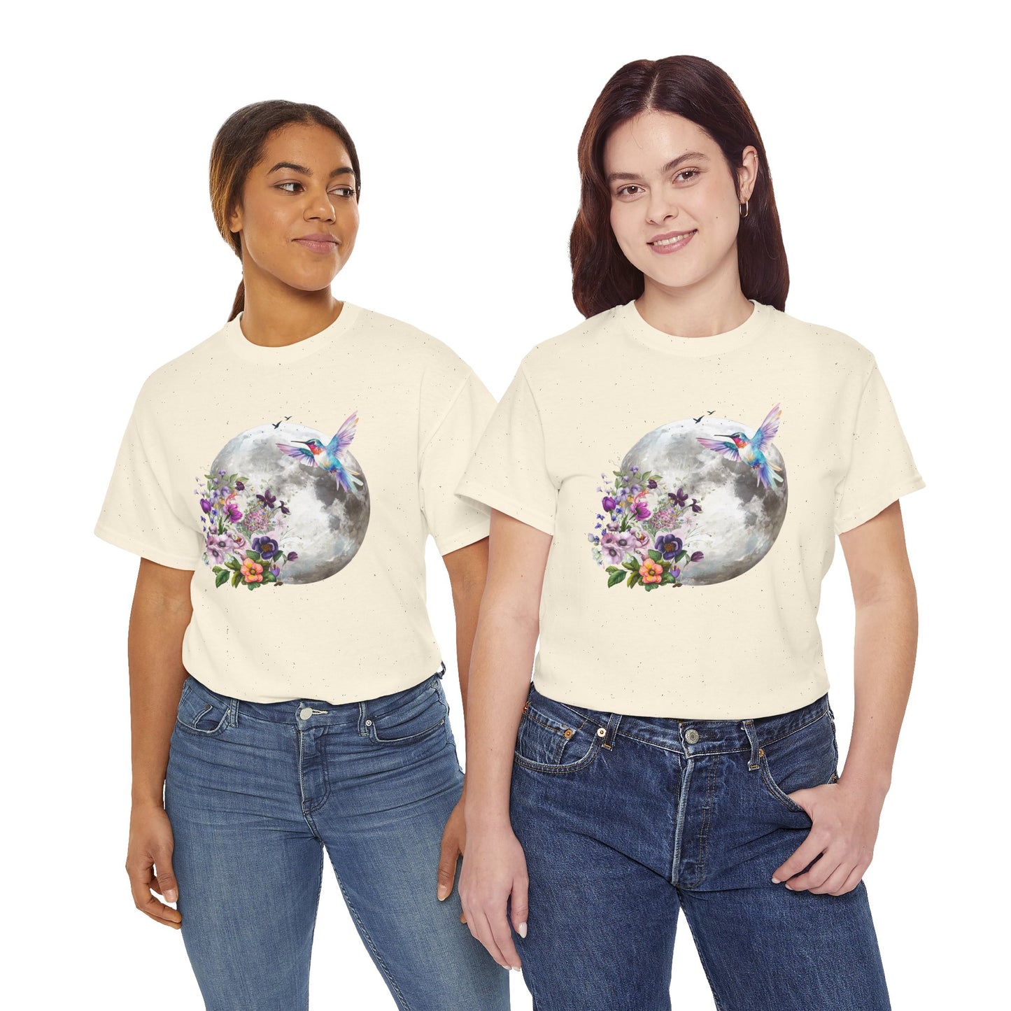 Moon & Hummingbird Floral T-Shirt — Watercolour Moon with Flowers
