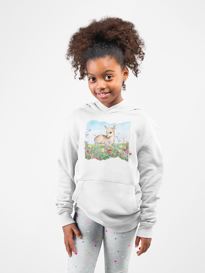 Youth Hoodie — Watercolour Fawn in Wildflower Meadow