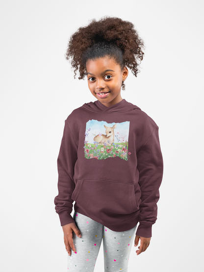 Youth Hoodie — Watercolour Fawn in Wildflower Meadow
