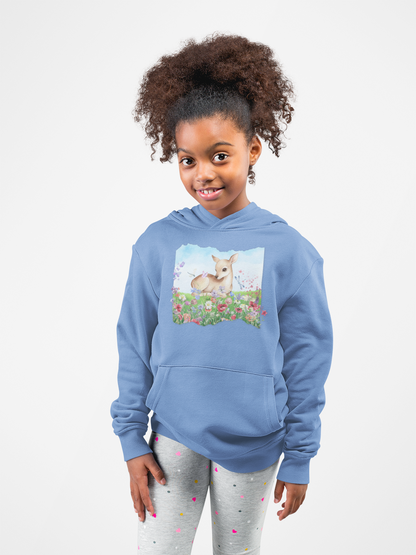 Youth Hoodie — Watercolour Fawn in Wildflower Meadow