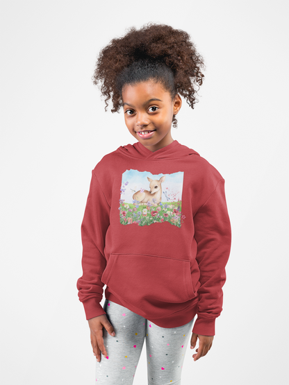 Youth Hoodie — Watercolour Fawn in Wildflower Meadow