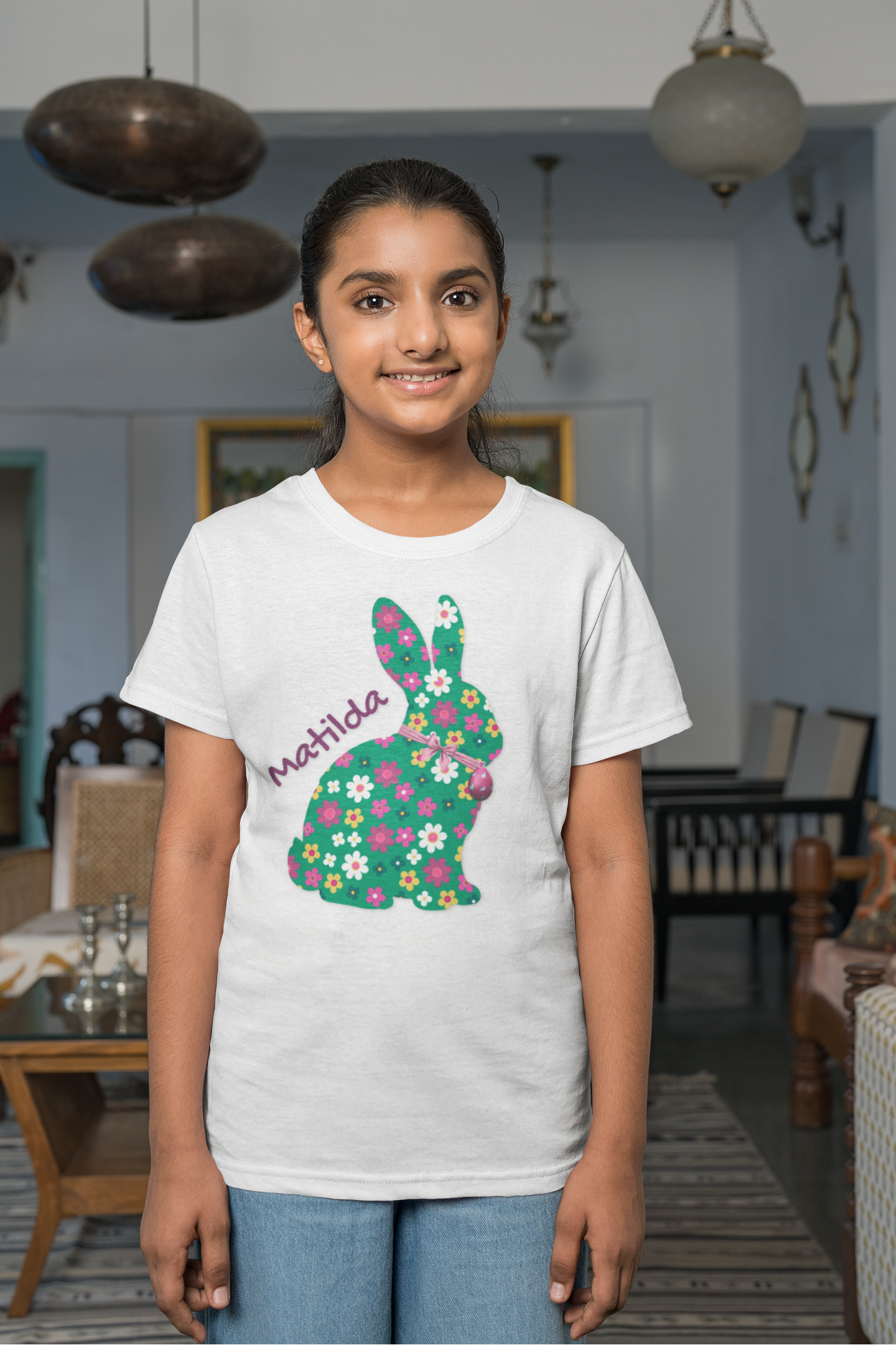 Kids Floral Bunny T‑Shirt — Personalized ‘Matilda’ Easter Shirt