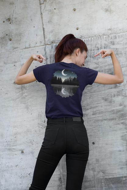Ladies' V-Neck T-Shirt — Moonlit Lake Forest Graphic Tee