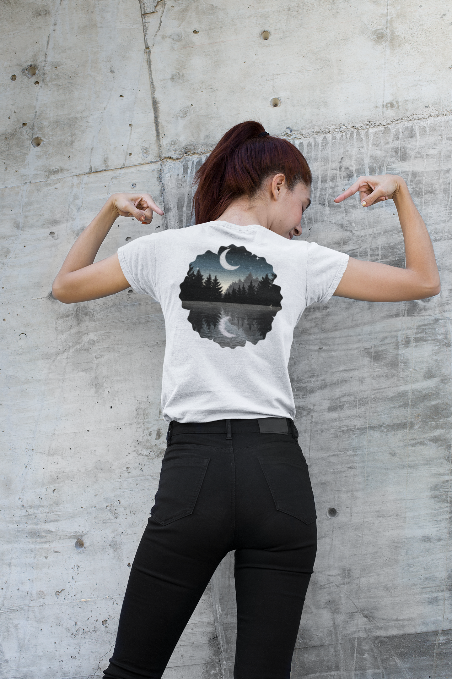 Ladies' V-Neck T-Shirt — Moonlit Lake Forest Graphic Tee