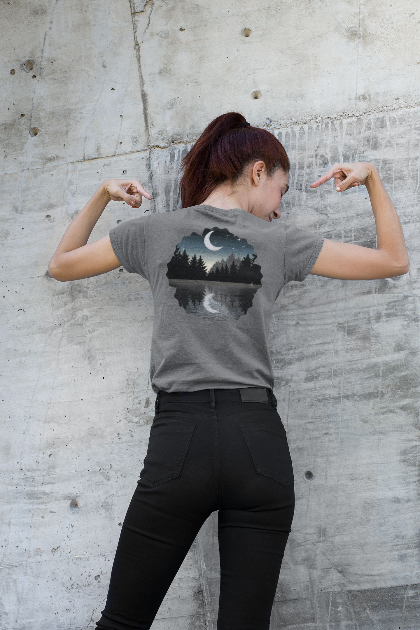 Ladies' V-Neck T-Shirt — Moonlit Lake Forest Graphic Tee
