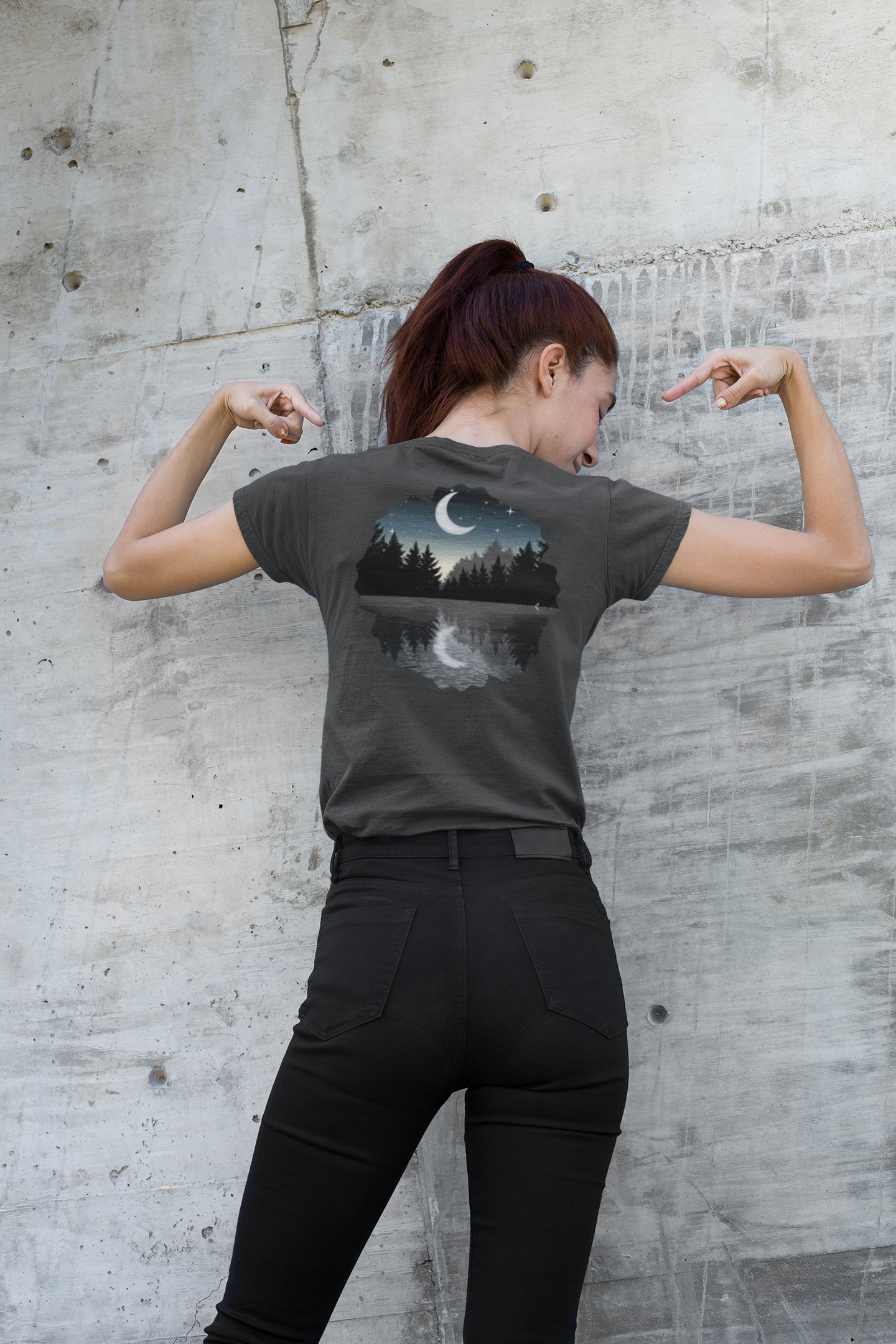 Ladies' V-Neck T-Shirt — Moonlit Lake Forest Graphic Tee