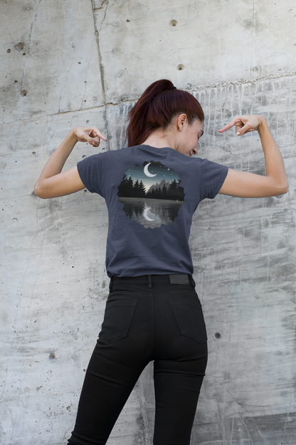 Ladies' V-Neck T-Shirt — Moonlit Lake Forest Graphic Tee