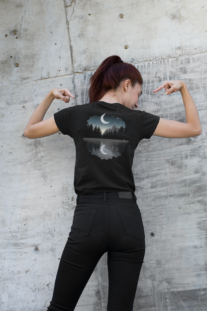 Ladies' V-Neck T-Shirt — Moonlit Lake Forest Graphic Tee